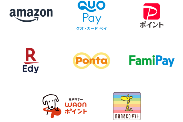 amazon、QUO Pay、PayPay、楽天Edy、Ponta、FamiPay、Waonポイント、nanacoギフト