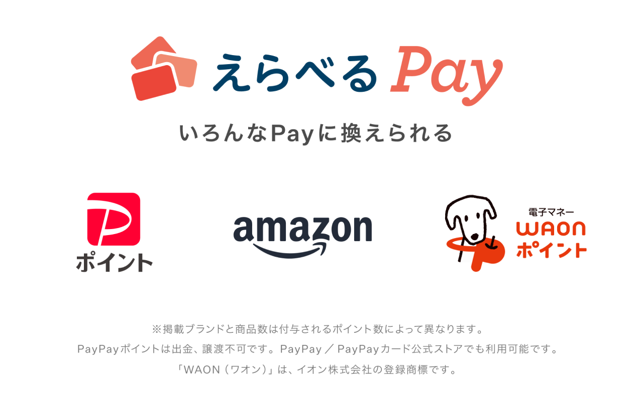 えらべるPay いろんなPayに換えられる　※掲載ブランドと商品数は付与されるポイント数によって異なります。PayPayポイントは出金、譲渡不可です。PayPay／PayPayカード公式ストアでも利用可能です。「WAON（ワオン）」は、イオン株式会社の登録商標です。